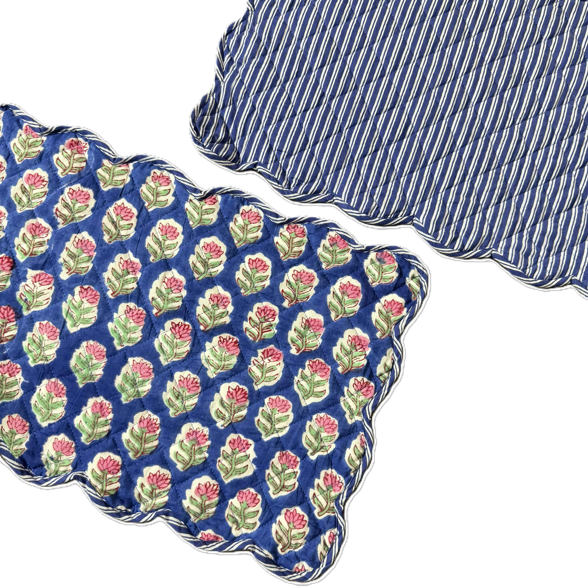 Royal Blue Hand Block Print Quilted Scallop Placemat Pair