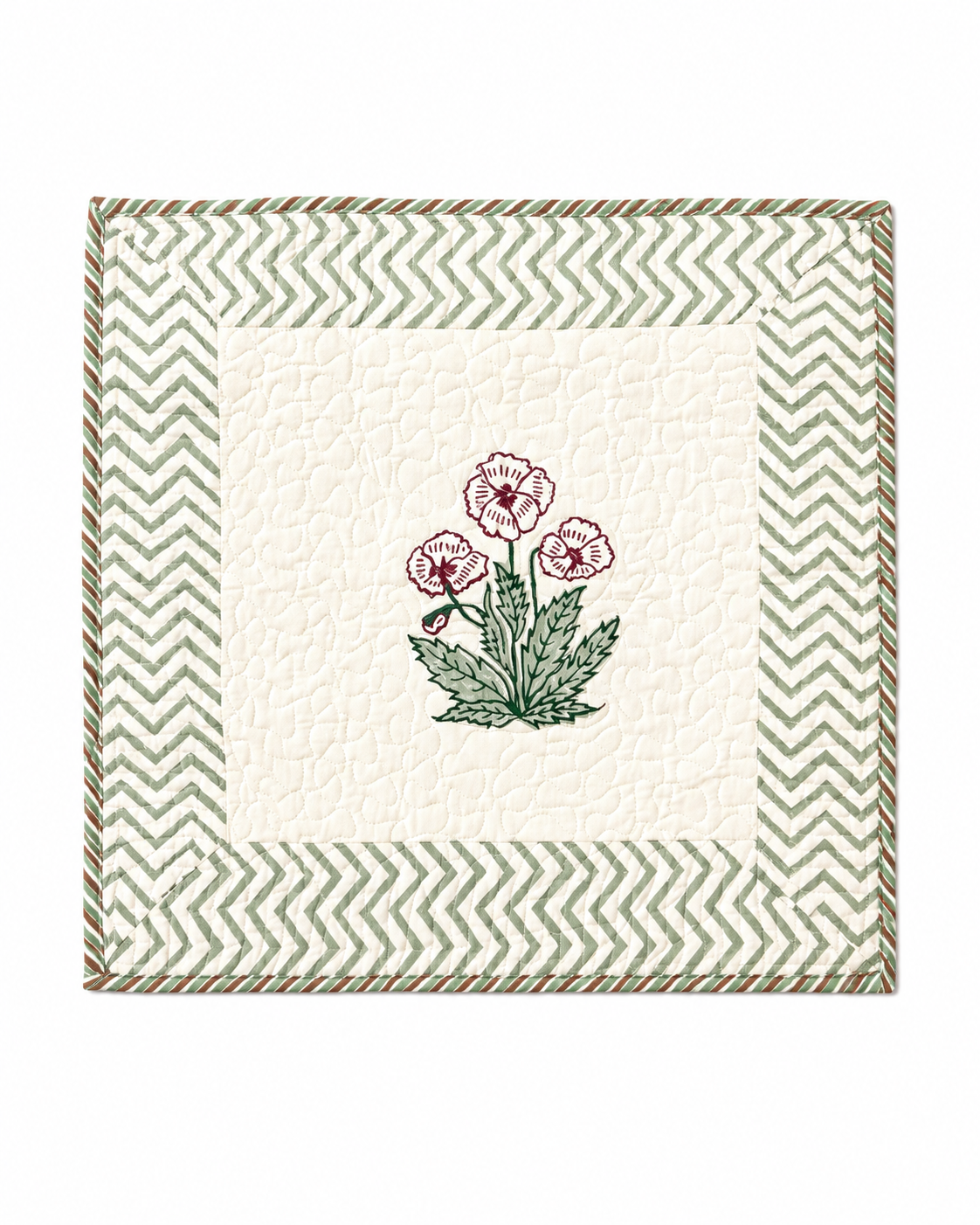 White and pink poppy Hand Block Quilted Cushion Cover
